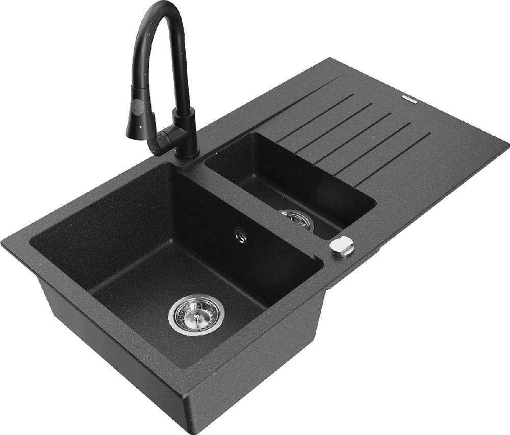 Granitinė virtuvinė plautuvė Mexen Matias su maišytuvu ir sifonu, Juodas granite+Juodas