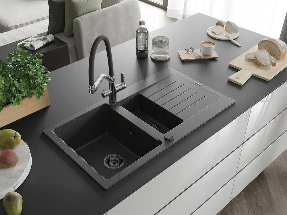 Granitinė virtuvinė plautuvė Mexen Matias su maišytuvu ir sifonu, Juodas granite+Juodas/Chrome
