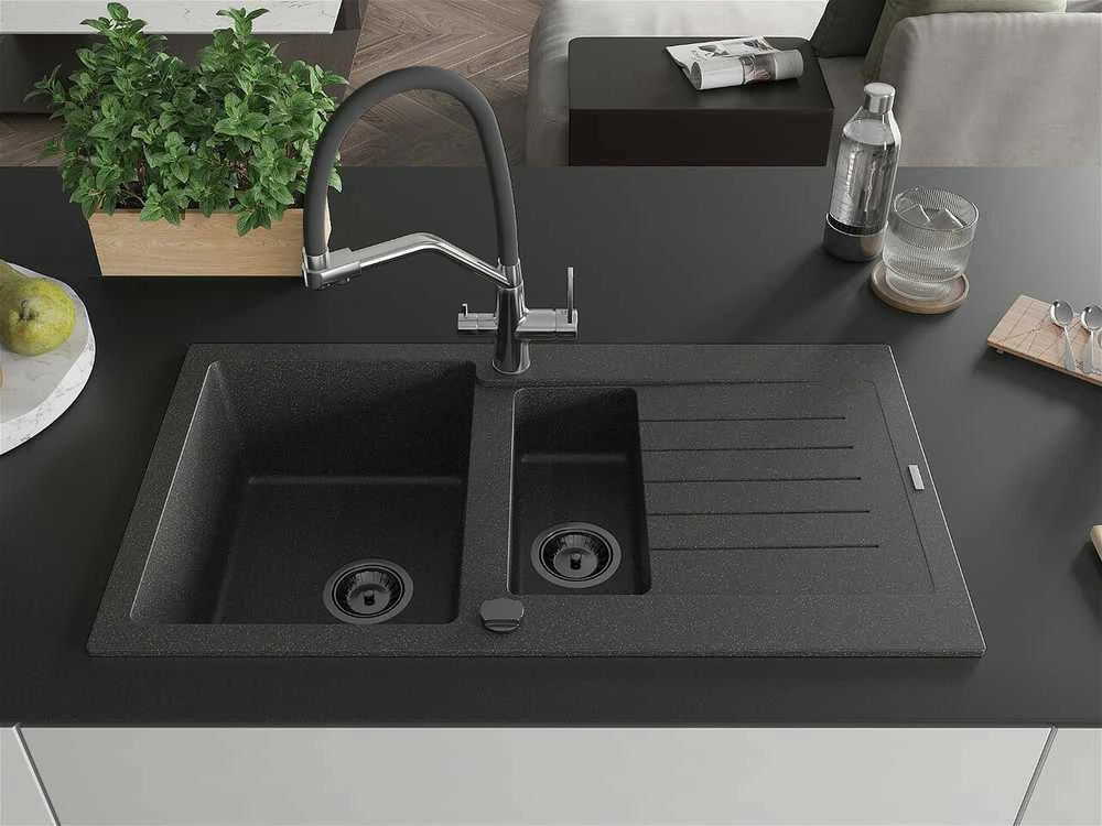 Granitinė virtuvinė plautuvė Mexen Matias su maišytuvu ir sifonu, Juodas granite+Juodas/Chrome