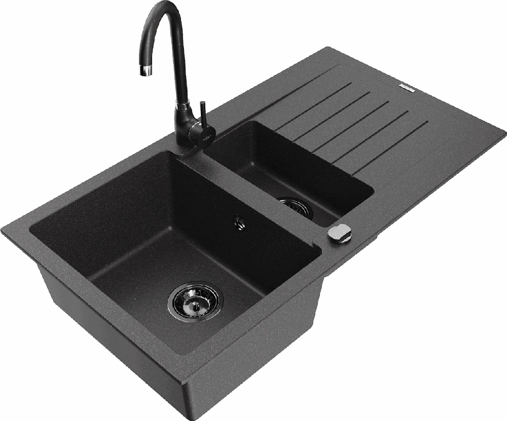 Granitinė virtuvinė plautuvė Mexen Matias su maišytuvu ir sifonu, Juodas granite+Juodas