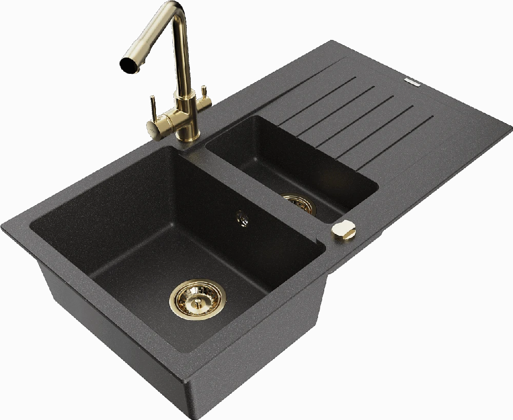Granitinė virtuvinė plautuvė Mexen Matias su maišytuvu ir sifonu, Juodas granite+Gold
