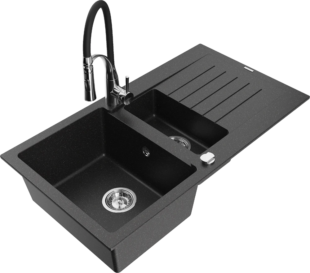 Granitinė virtuvinė plautuvė Mexen Matias su maišytuvu ir sifonu, Metallic juodas/sidabrinis+Juodas/Chrome