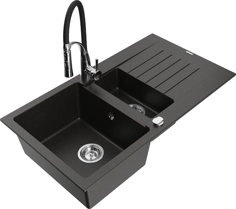 Granitinė virtuvinė plautuvė Mexen Matias su maišytuvu ir sifonu, Metallic juodas/auksinis+Juodas/Chrome