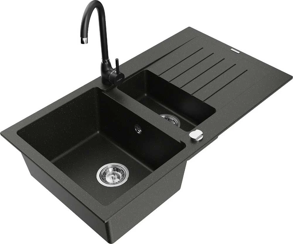 Granitinė virtuvinė plautuvė Mexen Matias su maišytuvu ir sifonu, Metallic juodas/auksinis+Juodas
