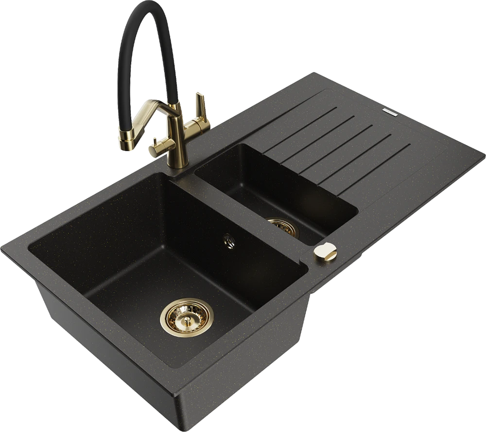 Granitinė virtuvinė plautuvė Mexen Matias su maišytuvu ir sifonu, Metallic juodas/auksinis+Juodas/Gold