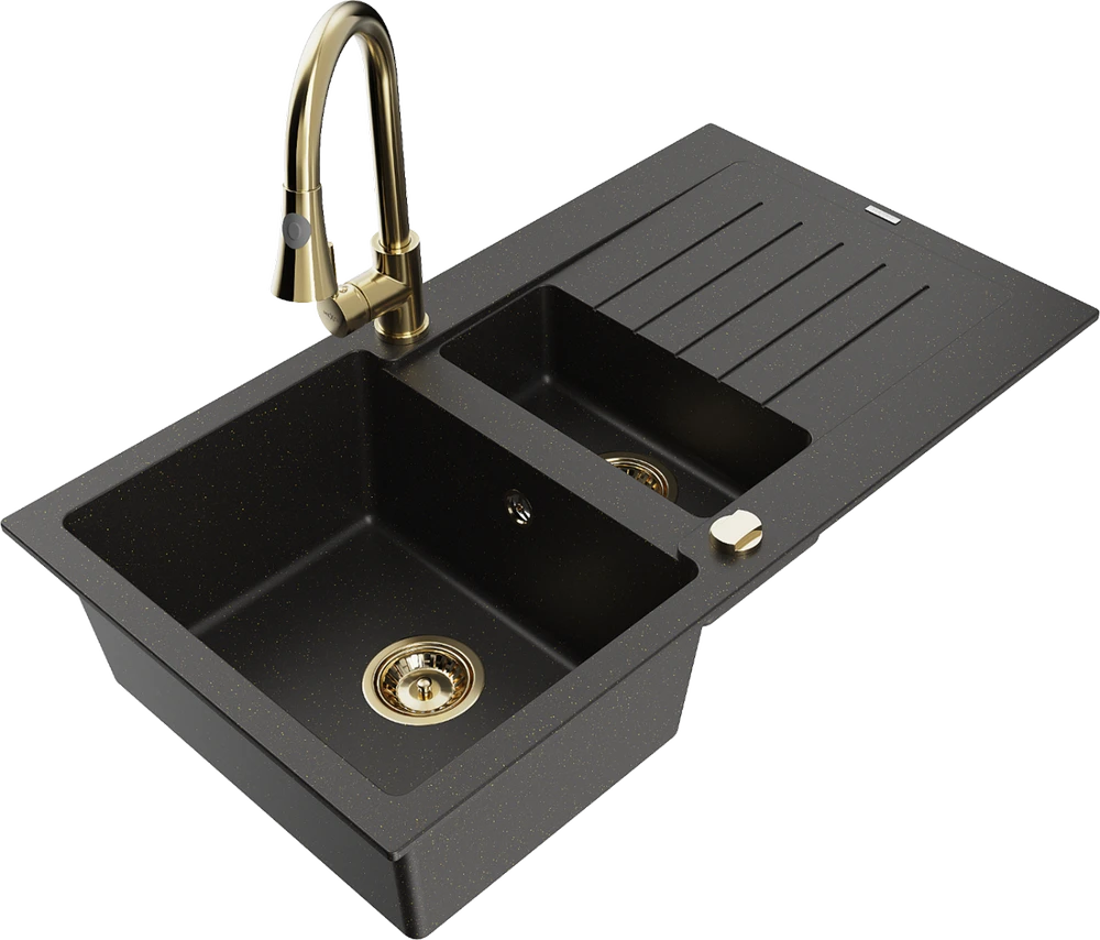 Granitinė virtuvinė plautuvė Mexen Matias su maišytuvu ir sifonu, Metallic juodas/auksinis+Gold