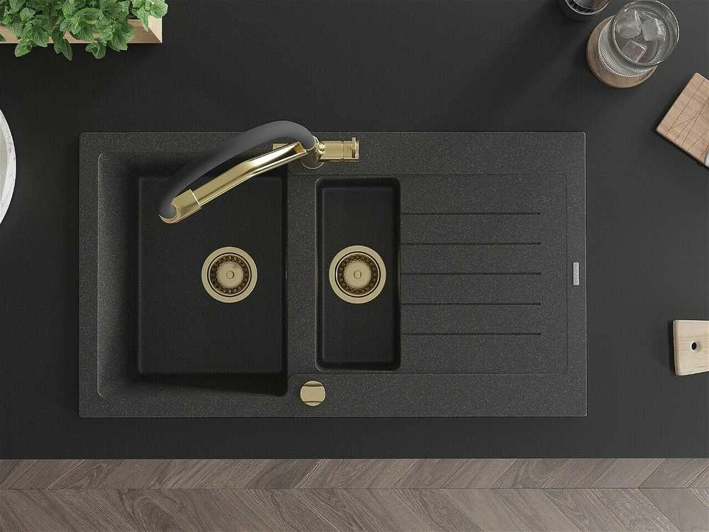 Granitinė virtuvinė plautuvė Mexen Matias su maišytuvu ir sifonu, Juodas granite+Juodas/Gold