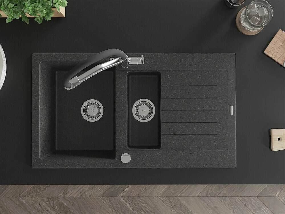 Granitinė virtuvinė plautuvė Mexen Matias su maišytuvu ir sifonu, Juodas granite+Juodas/Chrome