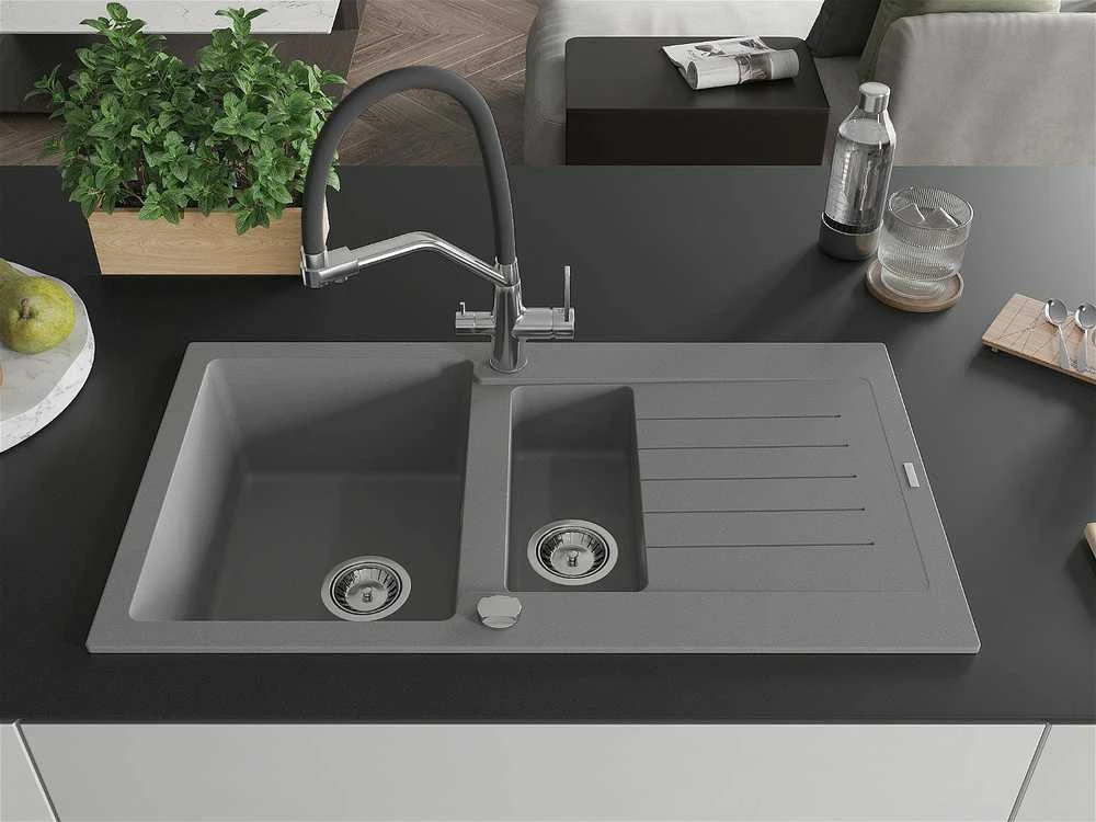 Granitinė virtuvinė plautuvė Mexen Matias su maišytuvu ir sifonu, Pilkas+Juodas/Chrome