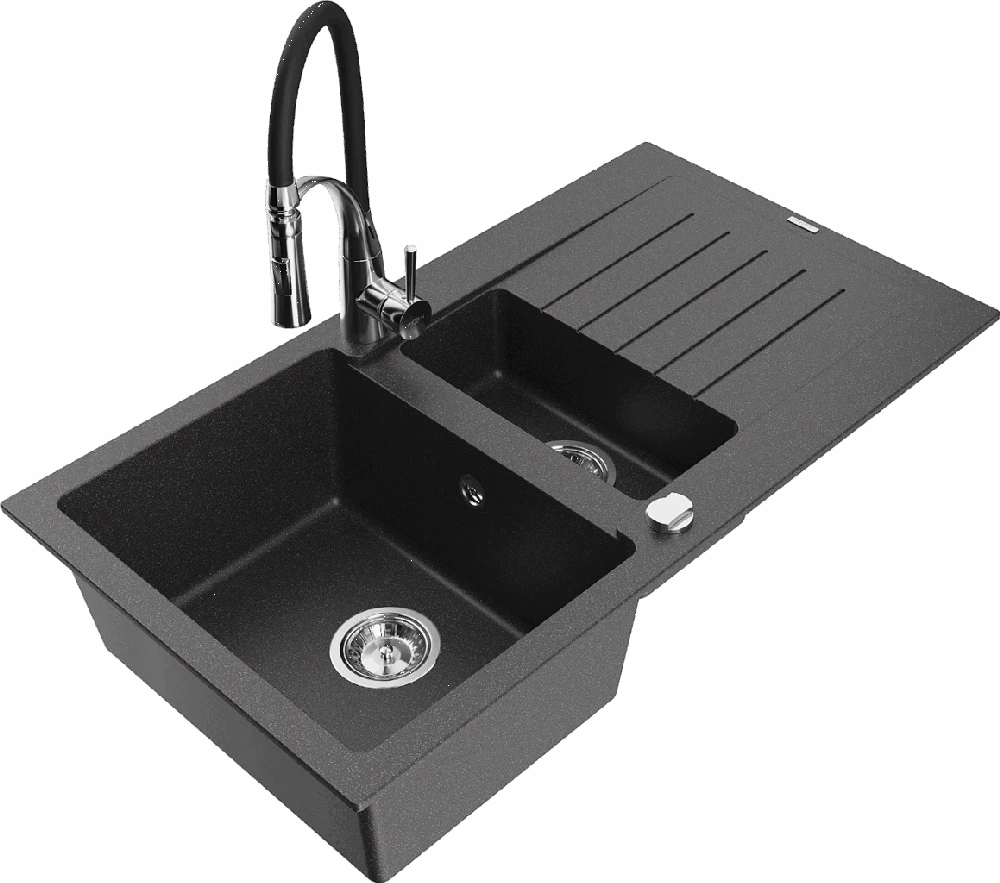 Granitinė virtuvinė plautuvė Mexen Matias su maišytuvu ir sifonu, Juodas granite+Juodas/Chrome