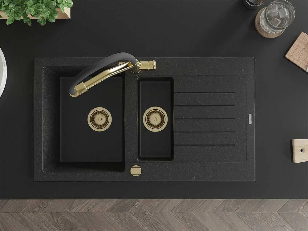 Granitinė virtuvinė plautuvė Mexen Matias su maišytuvu ir sifonu, Metallic juodas/sidabrinis+Juodas/Gold