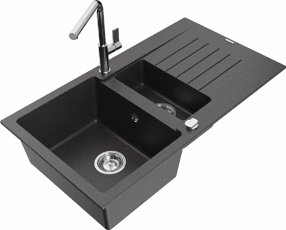 Granitinė virtuvinė plautuvė Mexen Matias su maišytuvu ir sifonu, Juodas granite+Chrome