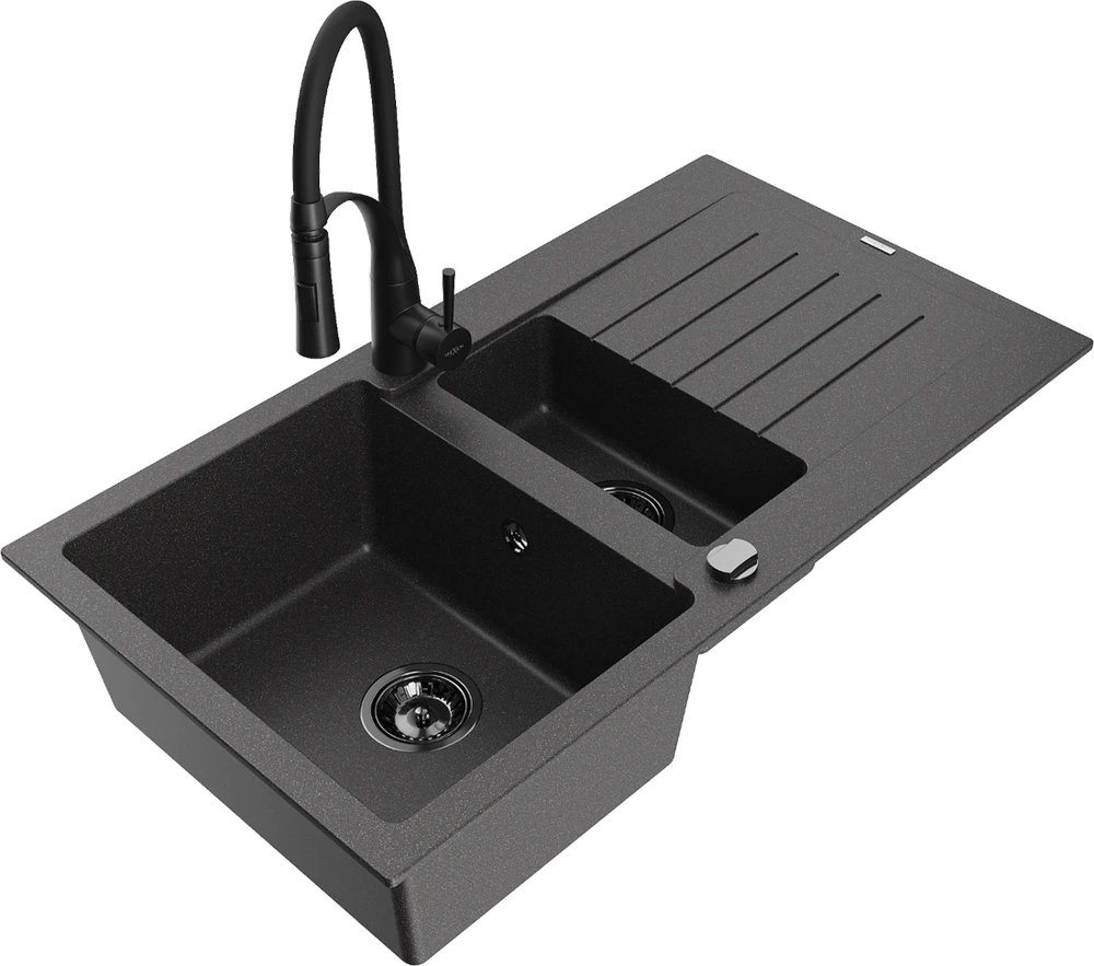 Granitinė virtuvinė plautuvė Mexen Matias su maišytuvu ir sifonu, Juodas granite+Juodas