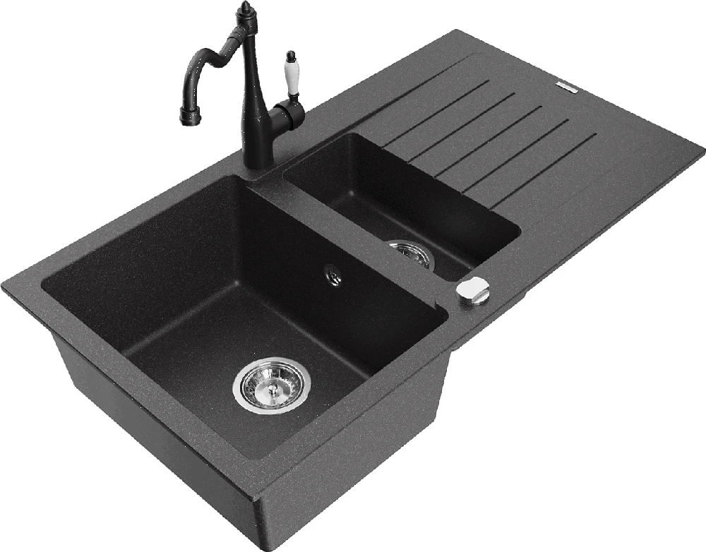Granitinė virtuvinė plautuvė Mexen Matias su maišytuvu ir sifonu, Juodas granite+Juodas