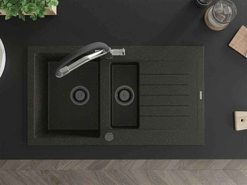 Granitinė virtuvinė plautuvė Mexen Matias su maišytuvu ir sifonu, Metallic juodas/auksinis+Juodas/Chrome