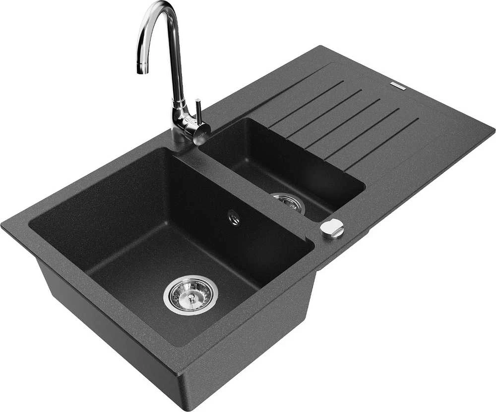 Granitinė virtuvinė plautuvė Mexen Matias su maišytuvu ir sifonu, Juodas granite+Chrome