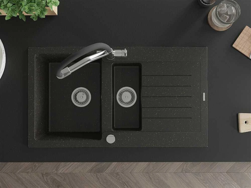 Granitinė virtuvinė plautuvė Mexen Matias su maišytuvu ir sifonu, Metallic juodas/auksinis+Juodas/Chrome