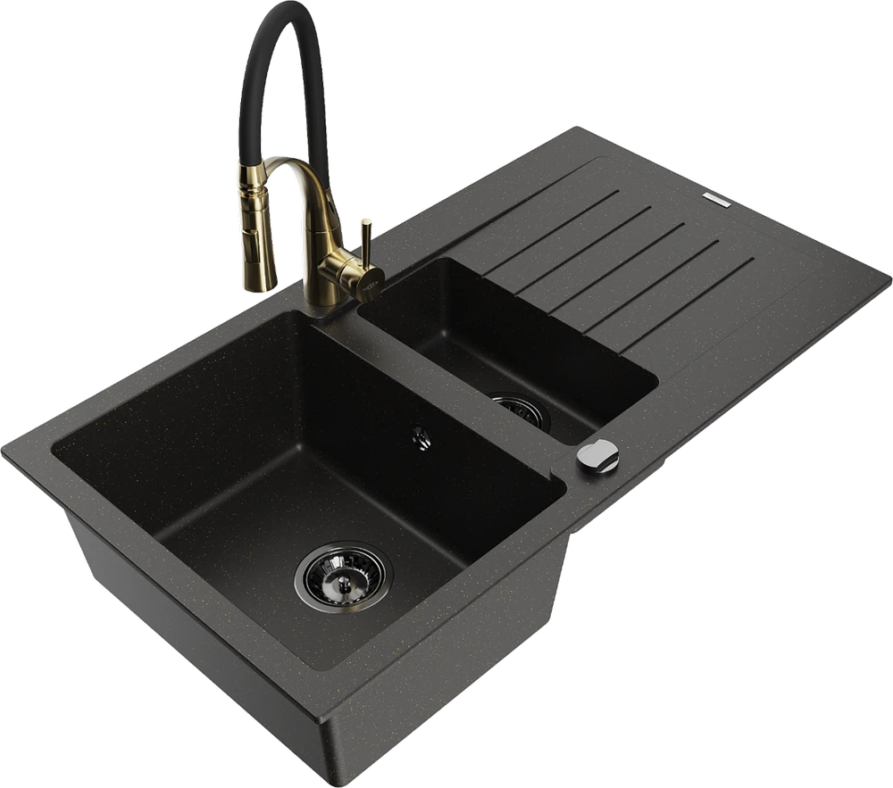 Granitinė virtuvinė plautuvė Mexen Matias su maišytuvu ir sifonu, Metallic juodas/auksinis+Juodas/Gold