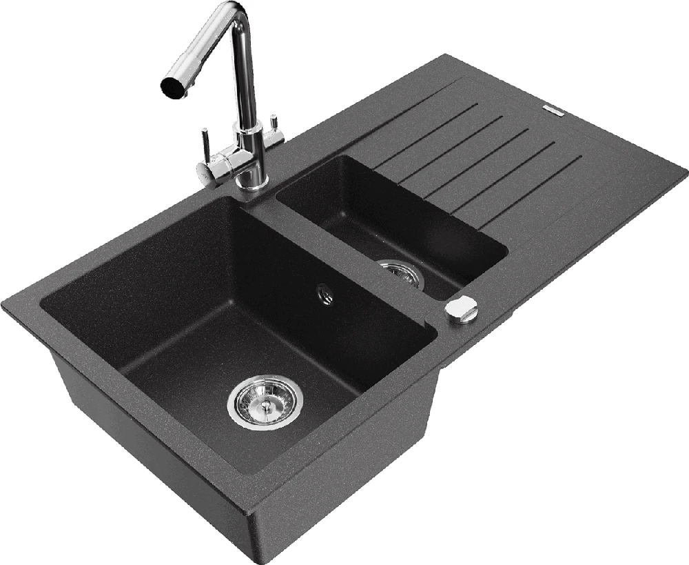 Granitinė virtuvinė plautuvė Mexen Matias su maišytuvu ir sifonu, Juodas granite+Chrome