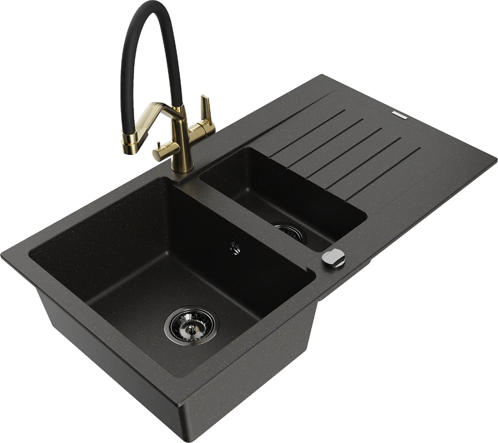 Granitinė virtuvinė plautuvė Mexen Matias su maišytuvu ir sifonu, Metallic juodas/auksinis+Juodas/Gold