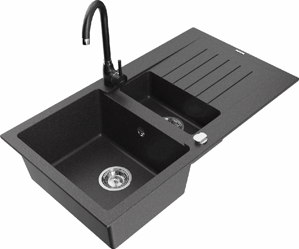 Granitinė virtuvinė plautuvė Mexen Matias su maišytuvu ir sifonu, Juodas granite+Juodas