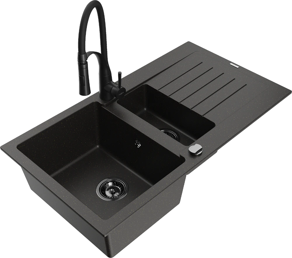 Granitinė virtuvinė plautuvė Mexen Matias su maišytuvu ir sifonu, Metallic juodas/auksinis+Juodas