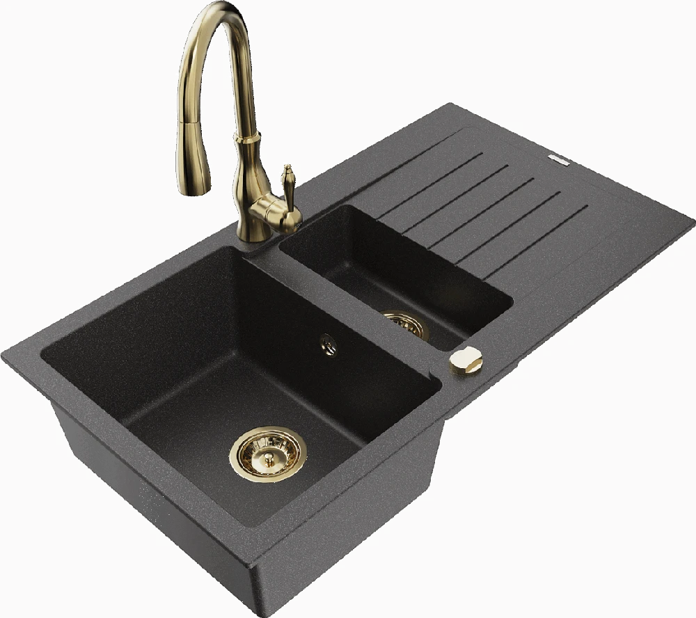 Granitinė virtuvinė plautuvė Mexen Matias su maišytuvu ir sifonu, Juodas granite+Gold