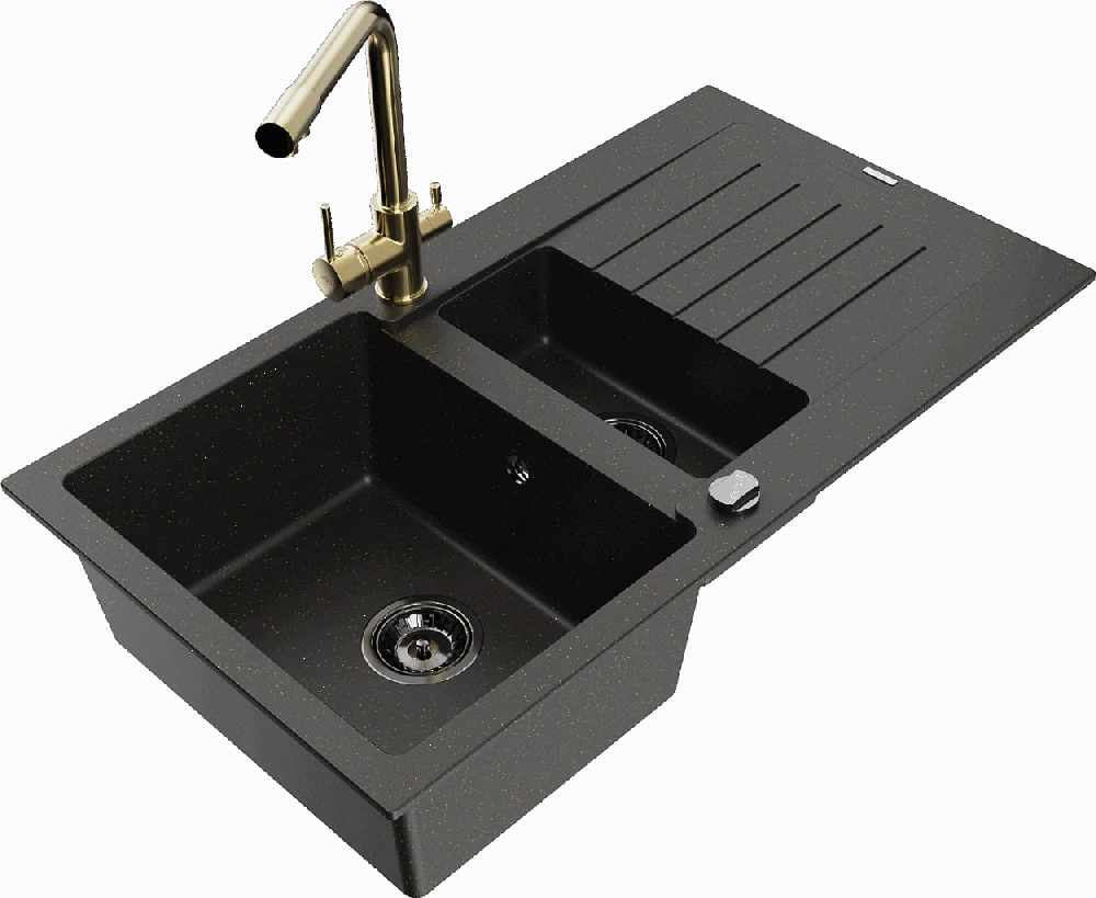 Granitinė virtuvinė plautuvė Mexen Matias su maišytuvu ir sifonu, Metallic juodas/auksinis+Gold