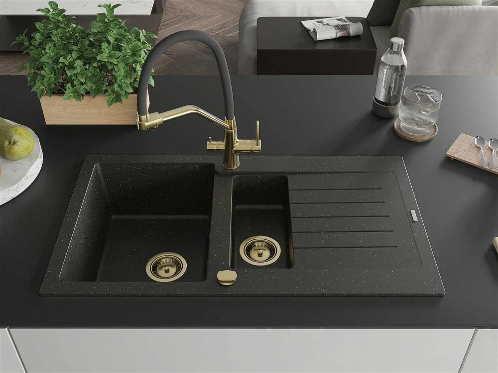 Granitinė virtuvinė plautuvė Mexen Matias su maišytuvu ir sifonu, Metallic juodas/auksinis+Juodas/Gold