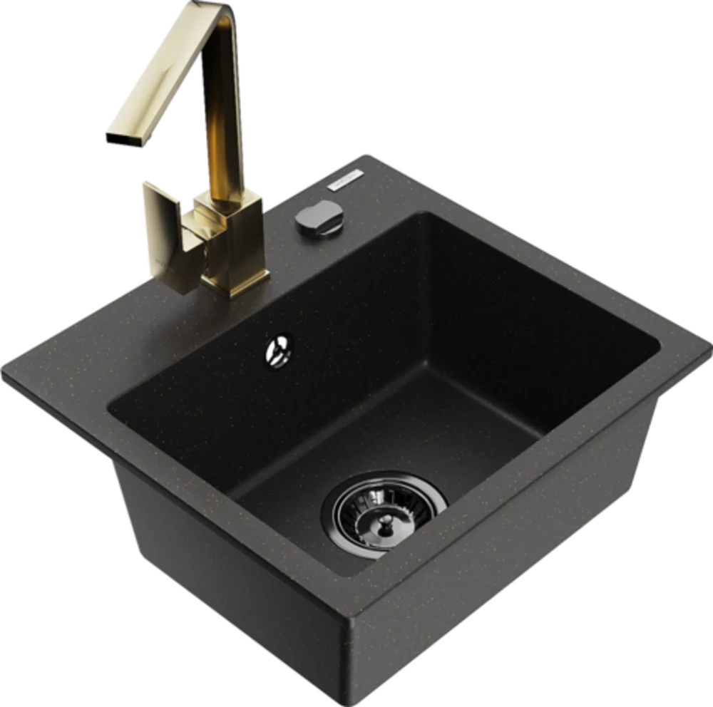 Granitinė virtuvinė plautuvė Mexen Milo su maišytuvu ir sifonu, Metallic juodas/auksinis+Gold(B)