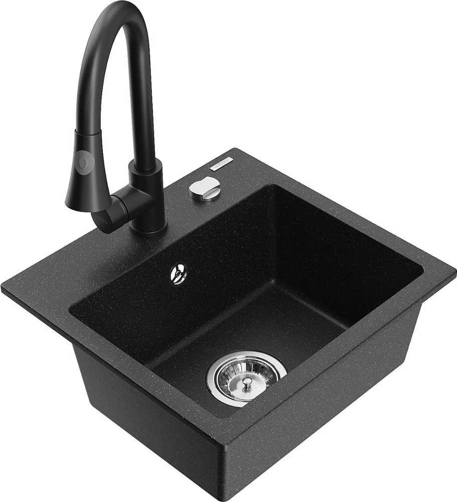 Granitinė virtuvinė plautuvė Mexen Milo su maišytuvu ir sifonu, Metallic juodas/sidabrinis+Juodas