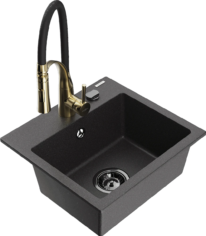 Granitinė virtuvinė plautuvė Mexen Milo su maišytuvu ir sifonu, Juodas granite+Juodas/Gold
