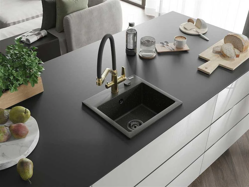 Granitinė virtuvinė plautuvė Mexen Milo su maišytuvu ir sifonu, Metallic juodas/auksinis+Juodas/Gold