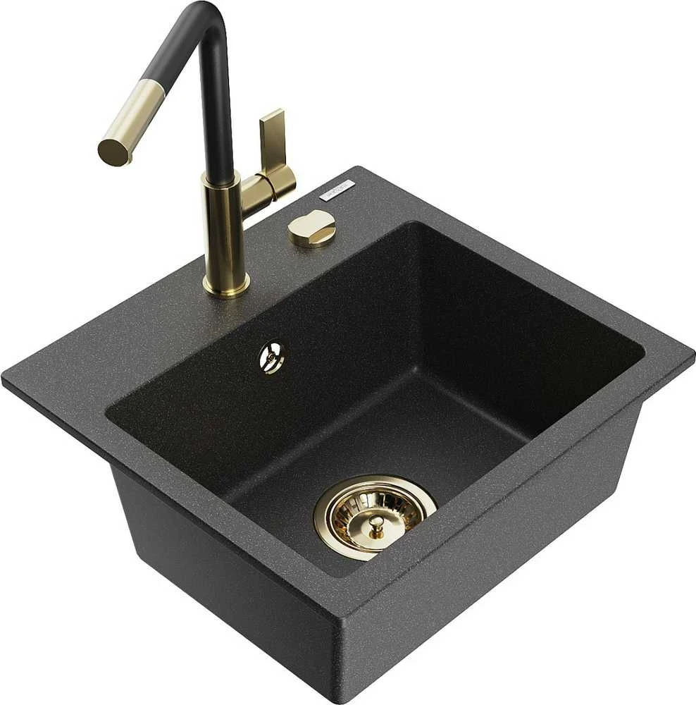 Granitinė virtuvinė plautuvė Mexen Milo su maišytuvu ir sifonu, Juodas granite+Juodas/Gold