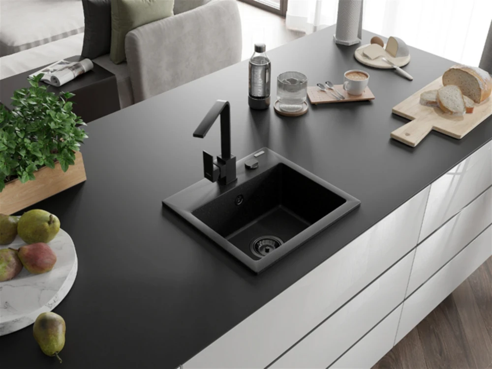 Granitinė virtuvinė plautuvė Mexen Milo su maišytuvu ir sifonu, Metallic juodas/sidabrinis+Juodas(B)