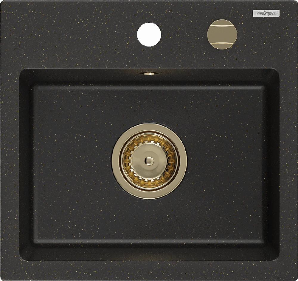 Granitinė virtuvinė plautuvė Mexen Milo su sifonu, Metallic juodas/auksinis+Gold, 435 x 410 mm