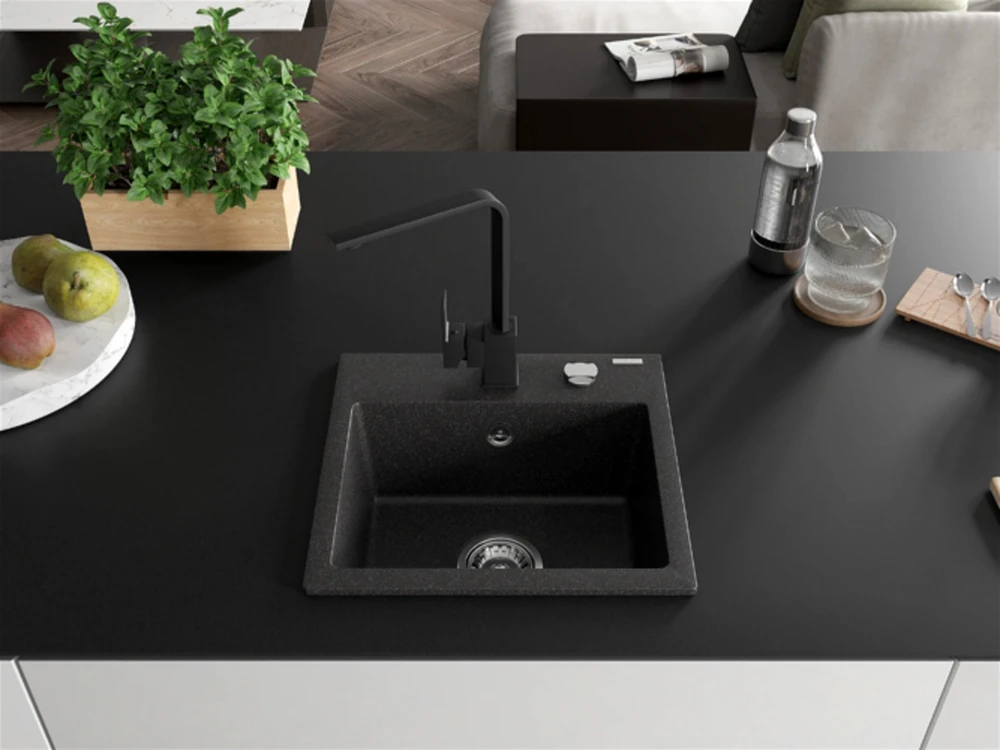 Granitinė virtuvinė plautuvė Mexen Milo su maišytuvu ir sifonu, Juodas granite+Juodas