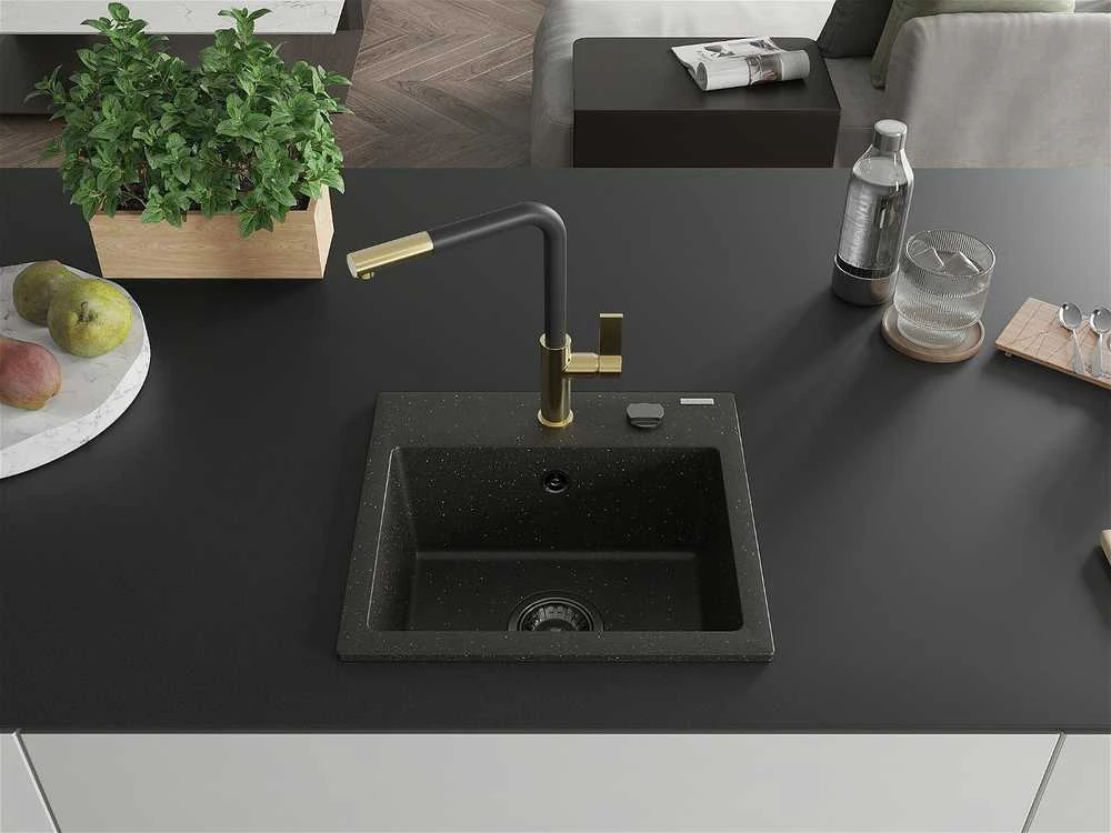 Granitinė virtuvinė plautuvė Mexen Milo su maišytuvu ir sifonu, Metallic juodas/auksinis+Juodas/Gold