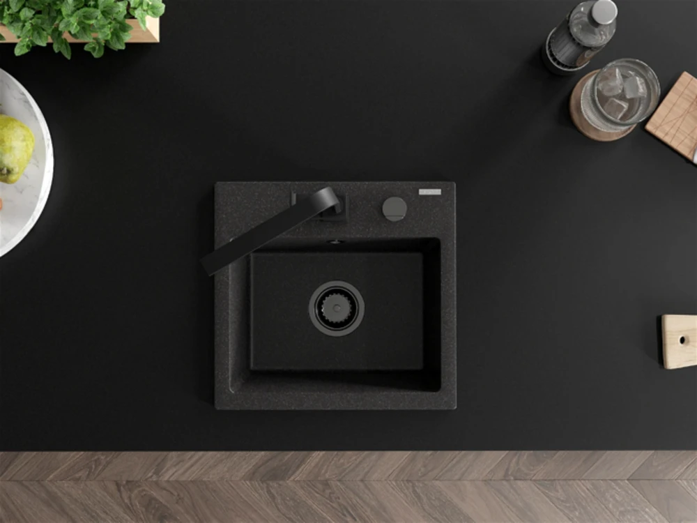 Granitinė virtuvinė plautuvė Mexen Milo su maišytuvu ir sifonu, Juodas granite+Juodas(B)