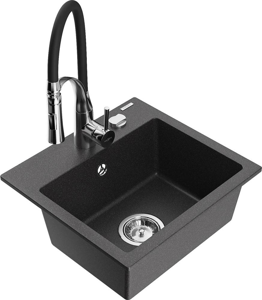 Granitinė virtuvinė plautuvė Mexen Milo su maišytuvu ir sifonu, Juodas granite+Juodas/Chrome