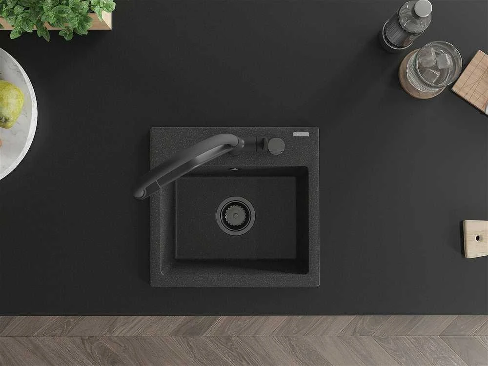 Granitinė virtuvinė plautuvė Mexen Milo su maišytuvu ir sifonu, Juodas granite+Juodas