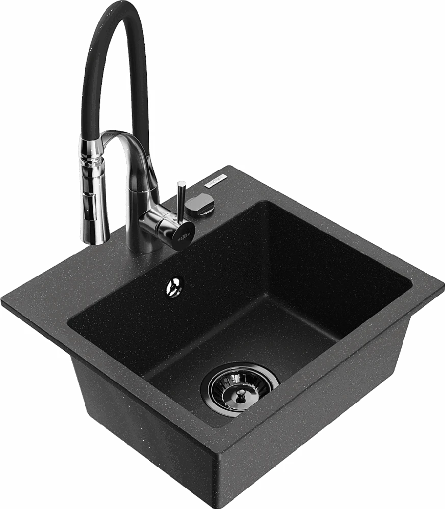 Granitinė virtuvinė plautuvė Mexen Milo su maišytuvu ir sifonu, Metallic juodas/sidabrinis+Juodas/Chrome