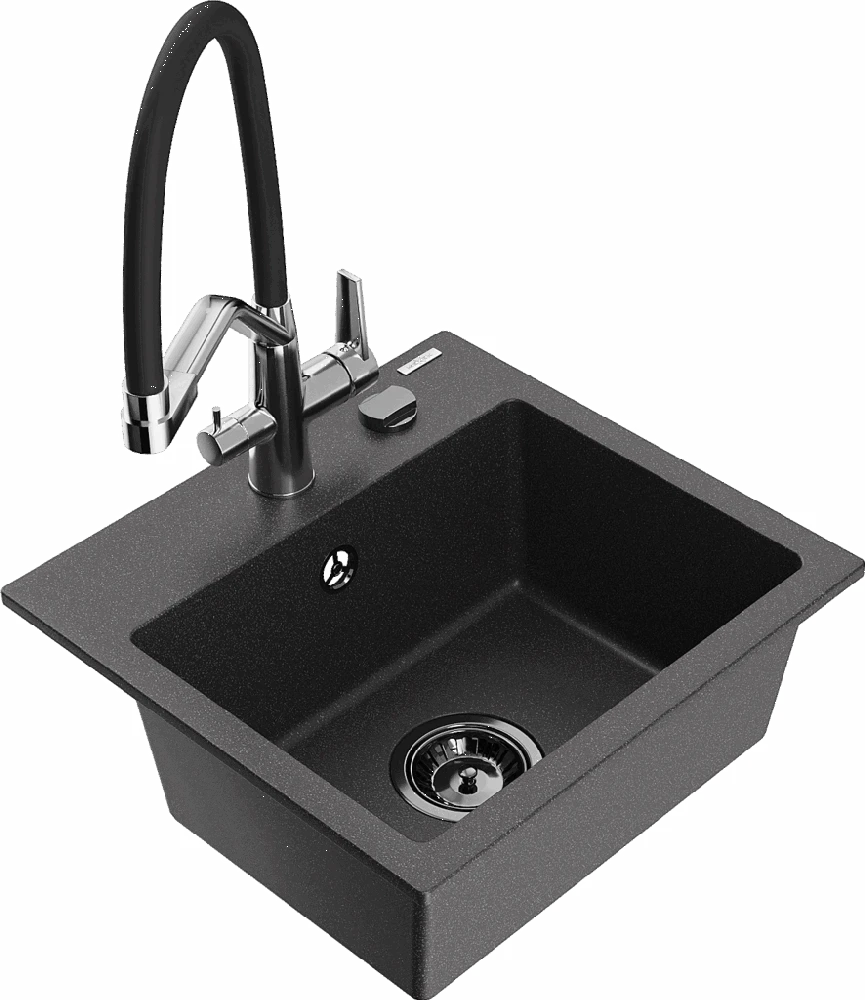 Granitinė virtuvinė plautuvė Mexen Milo su maišytuvu ir sifonu, Juodas granite+Juodas/Chrome