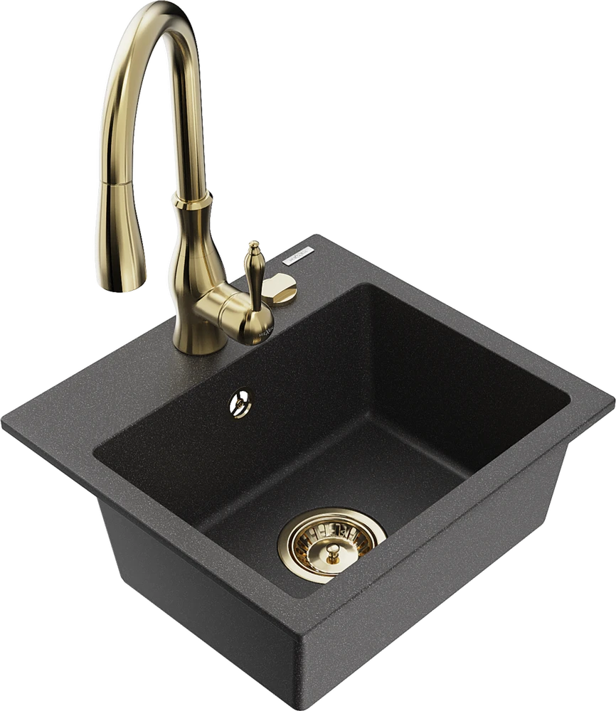 Granitinė virtuvinė plautuvė Mexen Milo su maišytuvu ir sifonu, Juodas granite+Gold