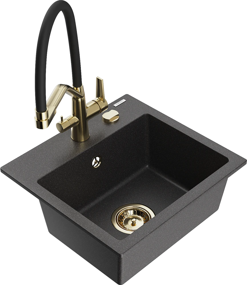 Granitinė virtuvinė plautuvė Mexen Milo su maišytuvu ir sifonu, Juodas granite+Juodas/Gold