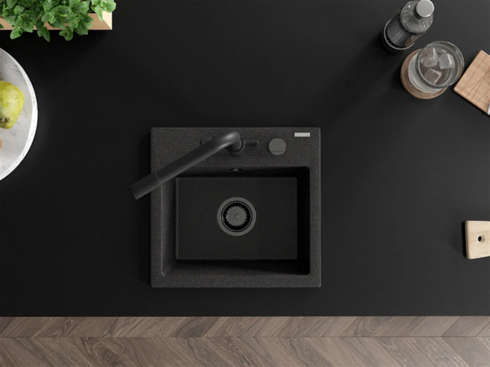 Granitinė virtuvinė plautuvė Mexen Milo su maišytuvu ir sifonu, Juodas granite+Juodas(B)