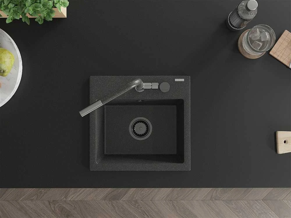 Granitinė virtuvinė plautuvė Mexen Milo su maišytuvu ir sifonu, Juodas granite+Juodas granite/Chrome