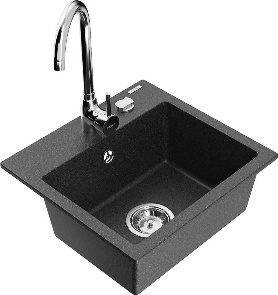 Granitinė virtuvinė plautuvė Mexen Milo su maišytuvu ir sifonu, Juodas granite+Chrome