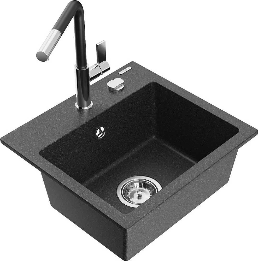 Granitinė virtuvinė plautuvė Mexen Milo su maišytuvu ir sifonu, Juodas granite+Juodas/Chrome