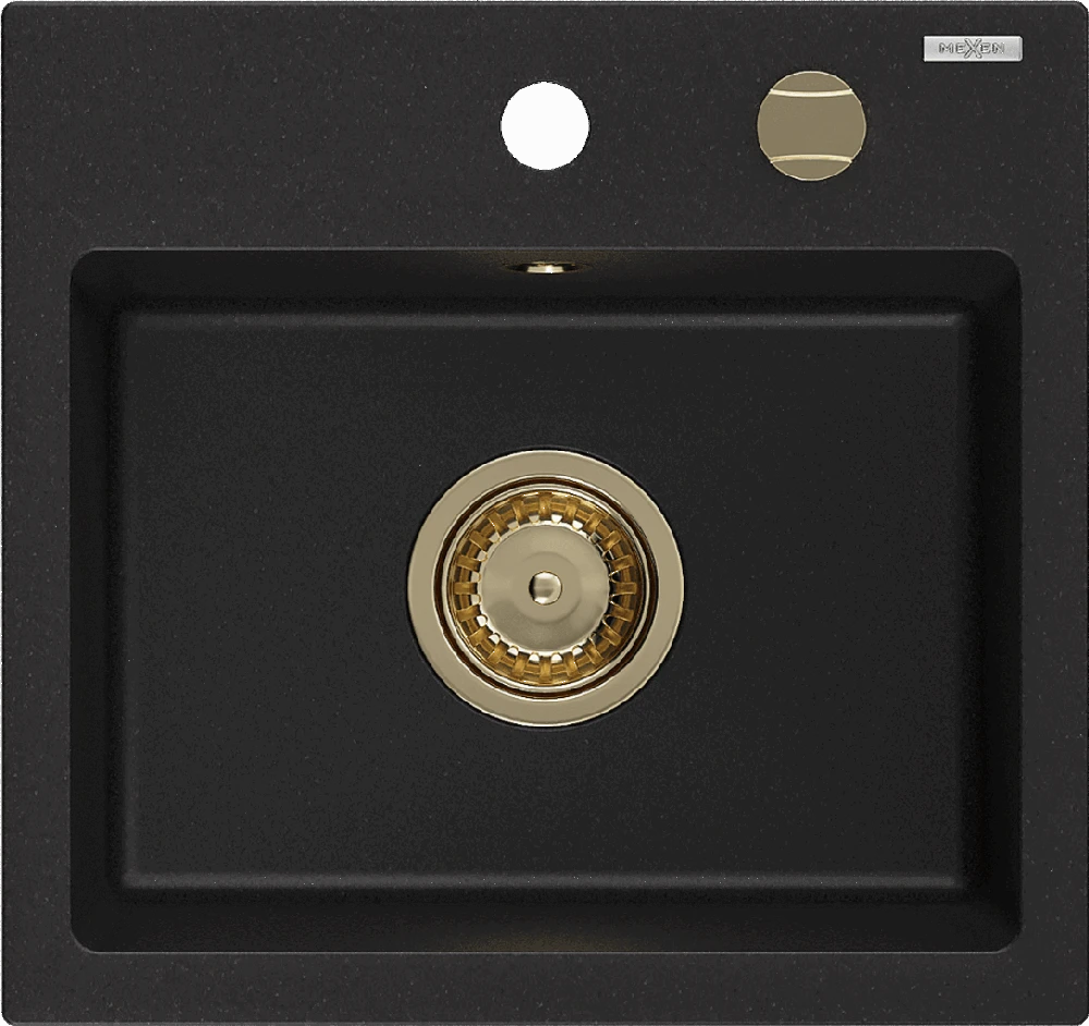 Granitinė virtuvinė plautuvė Mexen Milo su sifonu, Juodas+Gold, 435 x 410 mm